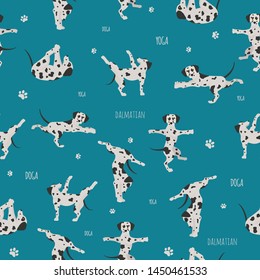 Yoga dogs poses and exercises. Dalmatian seamless pattern. Vector illustration