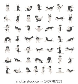 Yoga dogs poses and exercises doing clipart. Monochrome silhouette. Funny cartoon poster design. Vector illustration
