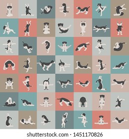 Yoga dogs poses and exercises doing clipart. Funny cartoon poster seamless pattern design. Vector illustration