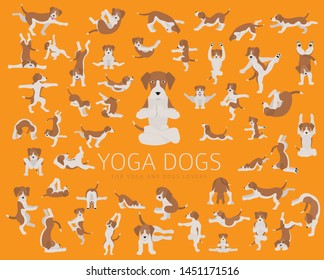 Yoga dogs poses and exercises doing clipart. Funny cartoon poster design. Vector illustration