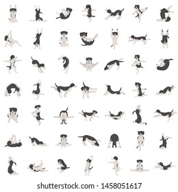 Yoga dogs poses and exercises doing clipart. Funny cartoon poster seamless pattern design. Vector illustration