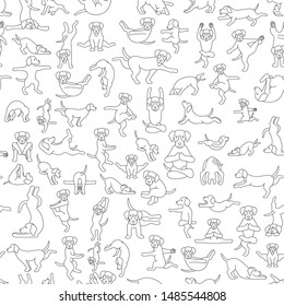 Yoga dogs poses and exercises doing clipart. Funny cartoon simple outline seamless pattern design. Vector illustration