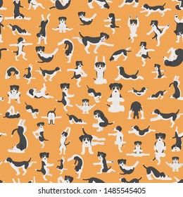 Perros de yoga posa y hace ejercicios en clipart. Afiche divertido de caricaturas diseño de patrones sin fisuras. Ilustración del vector