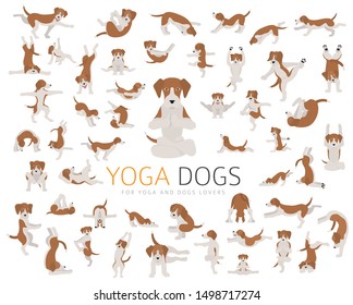 Yoga dogs poses and exercises doing clipart. Funny cartoon poster design. Vector illustration