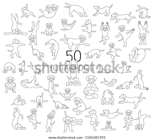 ヨガ犬がクリップアートをしてポーズをとり 運動をする おかしな漫画のシンプルなリニアポスターデザイン ベクターイラスト のベクター画像素材 ロイヤリティフリー