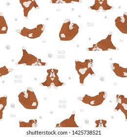 Yoga dogs poses and exercises. English bulldog seamless pattern. Vector illustration