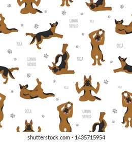 Yoga dogs poses and exercises. German shepherd seamless pattern. Vector illustration