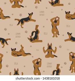 Yoga dogs poses and exercises. German shepherd seamless pattern. Vector illustration