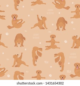 Yoga dogs poses and exercises. Golden retriever seamless pattern. Vector illustration
