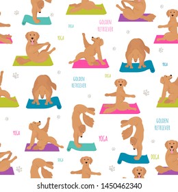 Yoga dogs poses and exercises. Golden retriever seamless pattern. Vector illustration