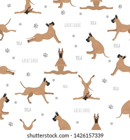 Yoga dogs poses and exercises. Great dane seamless pattern. Vector illustration