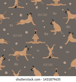 Yoga dogs poses and exercises. Great dane seamless pattern. Vector illustration