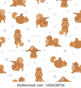 Yoga dogs poses and exercises. Pomeranian seamless pattern. Vector illustration