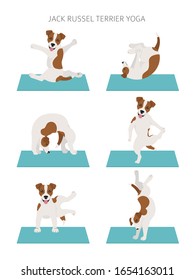 Yoga dogs poses and exercises poster design. Jack Russel terrier clipart. Vector illustration