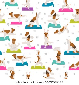 Yoga dogs poses and exercises poster design. Smooth fox terrier and wire fox terrier seamless pattern. Vector illustration