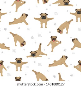 Yoga dogs poses and exercises. Pug seamless pattern. Vector illustration