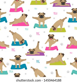 Yoga dogs poses and exercises. Pug seamless pattern. Vector illustration