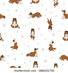 Yoga dogs poses and exercises. Rough collie yoga seamless pattern. Vector illustration