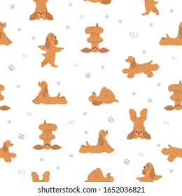 Yoga dogs poses and exercises seamless pattern design. American cocker spaniel clipart. Vector illustration