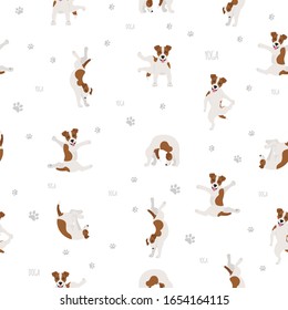 Yoga dogs poses and exercises seamless pattern design. Jack Russel terrier clipart. Vector illustration