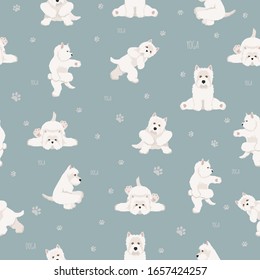 Yoga dogs poses and exercises seamless pattern design. West Highland White Terrier clipart. Vector illustration