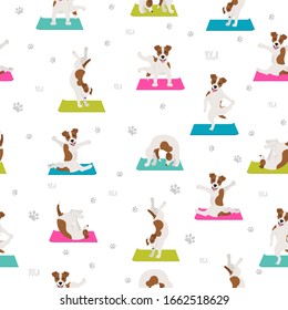 Yoga dogs poses and exercises seamless pattern design. Jack Russel terrier clipart. Vector illustration