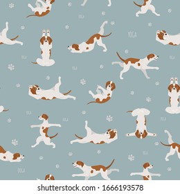 Yoga dogs poses and exercises seamless pattern design. English pointer clipart. Vector illustration