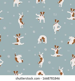 Yoga dogs poses and exercises seamless pattern design. Jack Russel terrier clipart. Vector illustration