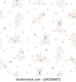 Yoga dogs poses and exercises seamless pattern design. West Highland White Terrier clipart. Vector illustration