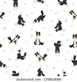 Yoga dogs poses and exercises seamless pattern design. Border collie clipart. Vector illustration