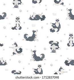 Yoga dogs poses and exercises. Siberian husky and Alaskan husky seamless pattern. Vector illustration