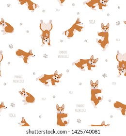 Yoga dogs poses and exercises. Welsh corgi pembroke seamless pattern. Vector illustration