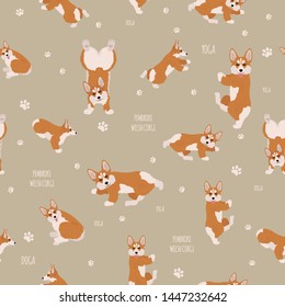 Yoga dogs poses and exercises. Welsh corgi pembroke seamless pattern. Vector illustration