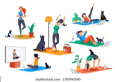 Yoga doing activities. Yoga characters, workout for people stretching in healthy poses. Leisure, female sports, different female poses stretching workouts. Cartoon girl character. Flat concept Vector.