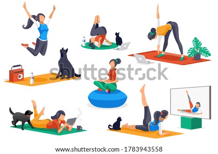 Yoga doing activities. Yoga characters, workout for people stretching in healthy poses. Leisure, female sports, different female poses stretching workouts. Cartoon girl character. Flat concept Vector.