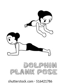 Yoga Dolphin Plank Pose Cartoon Vector Illustration Monochrome