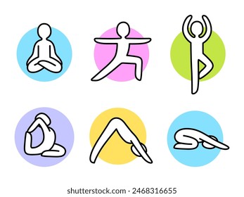 Yoga doodle icons in color circles. Hand drawn figures in yoga asanas. Simple cartoon line icons, vector illustration.