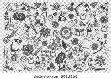 Yoga-Doodle-Set. Sammlung von handgezeichneten Vorlagen Muster Skizzen der Meditation stellt Übungen und Körper-oder psychische Entspannung Symbole Illustration. Gesunde Lifestyle-Illustration.