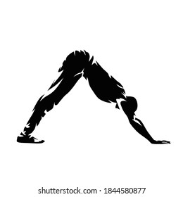 Yoga, downward dog position. Meditation isolated vector silhouette, side view. Practicing man