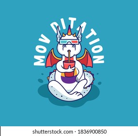 The yoga dragon is watching a movie, drinking. Rainbow unicorn-monster with a lettering phrase - Movie meditation. Good for t-shirts, cloth designs, etc. Vector illustration 