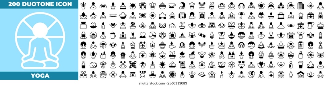 Yoga Duotone Editable Icons set. Vector illustration in modern thin duotone style of yoga icons: Yoga Pose, Meditation, Stretching, etc