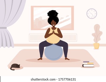 Yoga during pregnancy. African woman doing fitness exercises with fitball. Health care and sport concept. Beauty female character at home interior. Vector illustration in flat style.