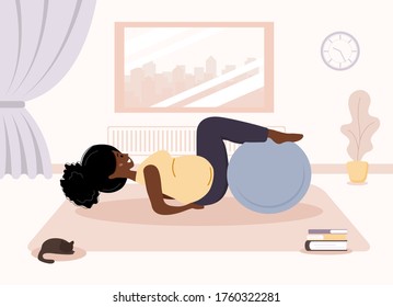 Yoga during pregnancy. African woman doing fitness exercises with fitball. Health care and sport concept. Beauty female character at home interior. Vector illustration in flat style.