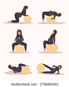 Yoga during pregnancy. Collection of fitness exercises with fitball. Arab woman doing sport. Health care and sport concept. Beauty female character. Vector illustration in flat style.
