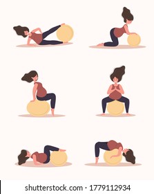 Yoga during pregnancy. Collection of fitness exercises with fitball. Woman doing sport. Health care and sport concept. Beauty female character. Vector illustration in flat style.