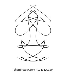 Yoga fácil de posar Sukhasana vector de dibujo de línea continua. Resumen de una joven en posición de loto con las manos unidas por encima de la cabeza. Esquema del logotipo de la meditación. Símbolo de padmasana 