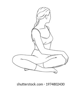 Yoga Easy Seated Twist performed by woman. Spine twisted asana. Engraved vector illustartion