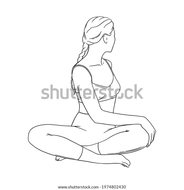 Yoga Easy Seated Twist performed by\
woman. Spine twisted asana. Engraved vector\
illustartion