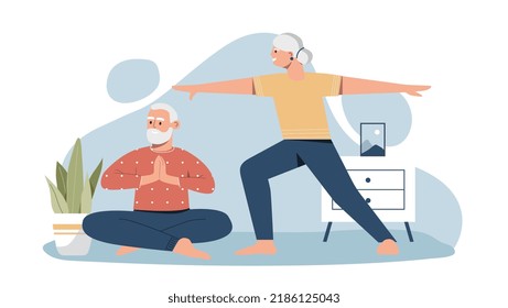 Yoga of elder couple. Grandparents in lotus position, stretching and active lifestyle. Fitness and athletes, meditation. Family takes care of health at home. Cartoon flat vector illustration