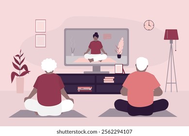 Yoga of elder couple at home. Online lesson, yoga teacher on tv screen. Grandparents in lotus position, stretching and active lifestyle. Fitness and athletes, meditation. Cartoon vector illustration